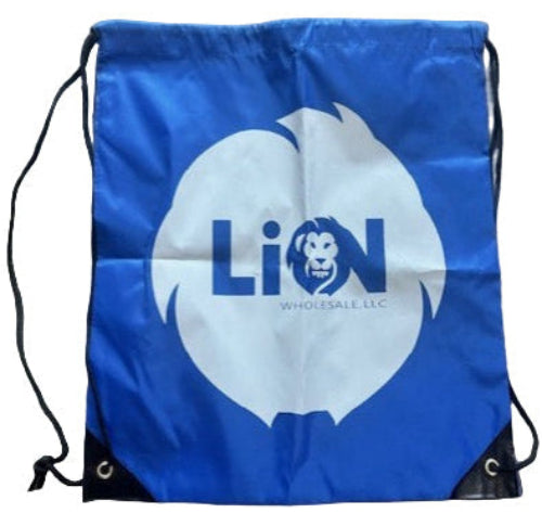Blue drawstring bag with a white logo on a wooden surface