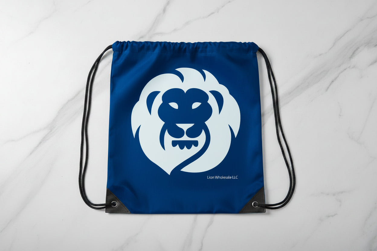 Blue  drawstring bag with a white lion logo on a light gray background