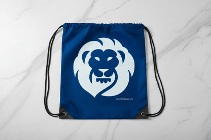 Blue  drawstring bag with a white lion logo on a light gray background