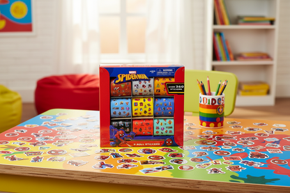 Spider-Man 9 Roll Sticker Box lifestyle photo on colorful kids desk