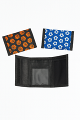 Black wallet with basketball and flower patterned covers on a white background