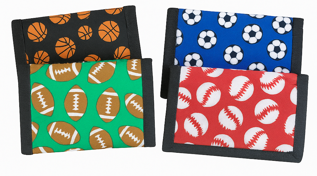 Four wallets with sports-themed patterns on a white background