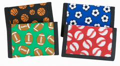 Four wallets with sports-themed patterns on a white background