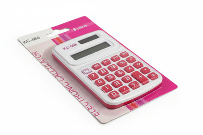 Calculator with red buttons on a pink packaging background