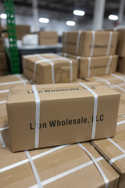 A brown cardboard shipping box wrapped with white plastic straps, printed with 'Lion Wholesale, LLC' in black text, sitting on top of other stacked boxes in a warehouse-like setting.