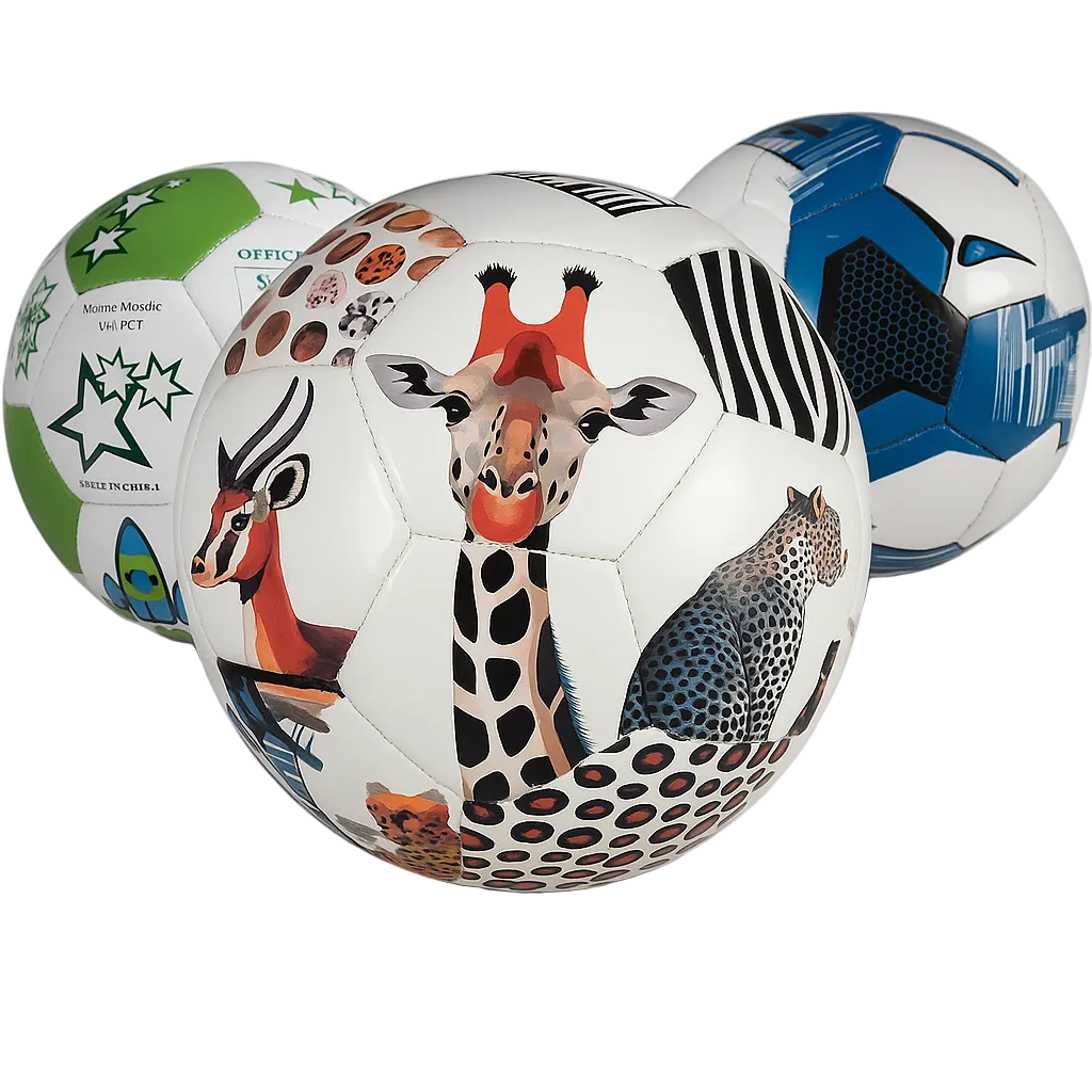 Three colorful soccer balls featuring animal prints and patterns, perfect for playful games.