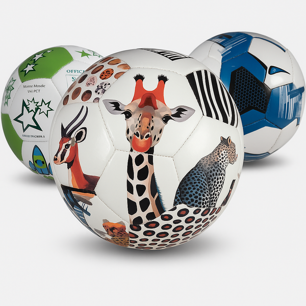 Three colorful soccer balls featuring animal prints and patterns, perfect for playful games.