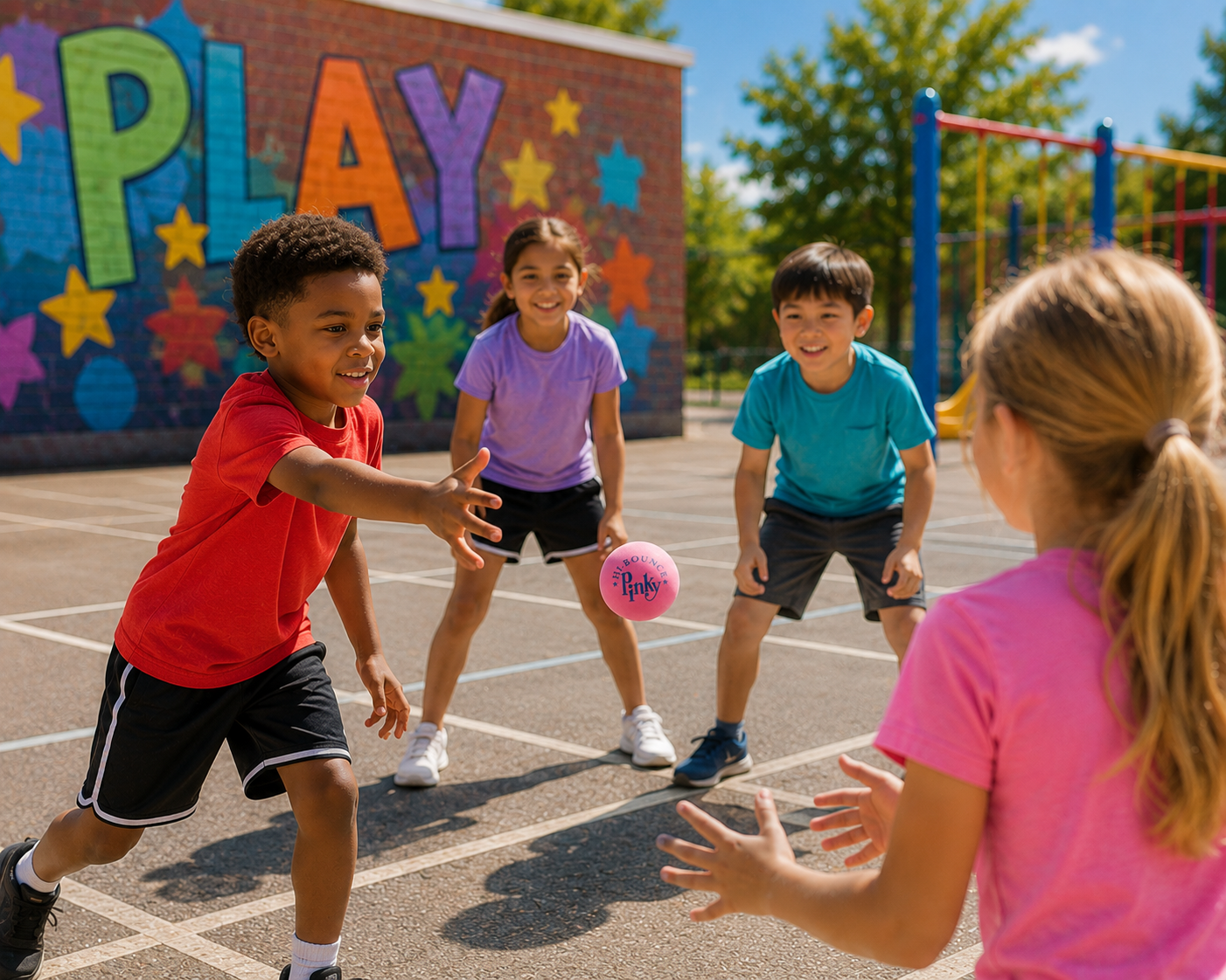 4 children standing in a circle throwing a small pink rubber ball 