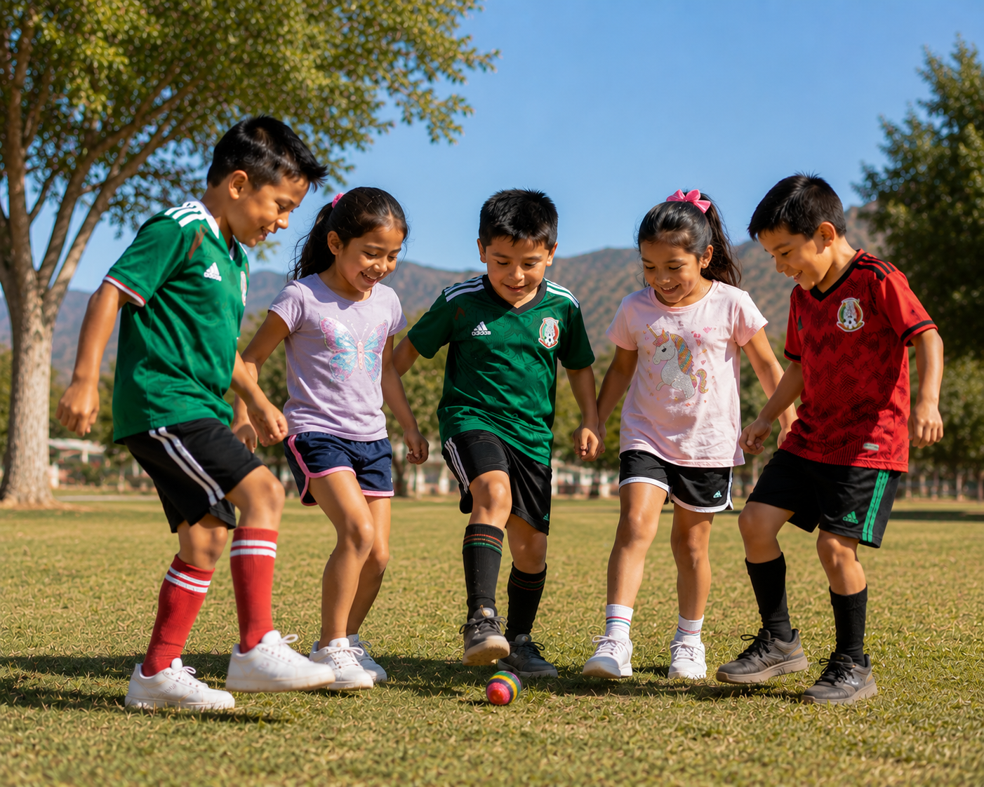 Four children in a circle kicking a foot bag 