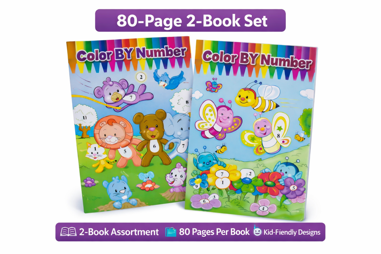 Two colorful children's books titled 'Color By Number' with cartoon characters on a white background.