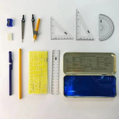 11pcs Geometry Set – Compass, Protractor, Ruler, Stencils & More | Metal Case