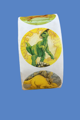 Roll of stickers with dinosaur designs on a brown background