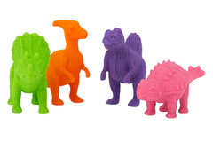 Four colorful dinosaur-shaped objects on a white background