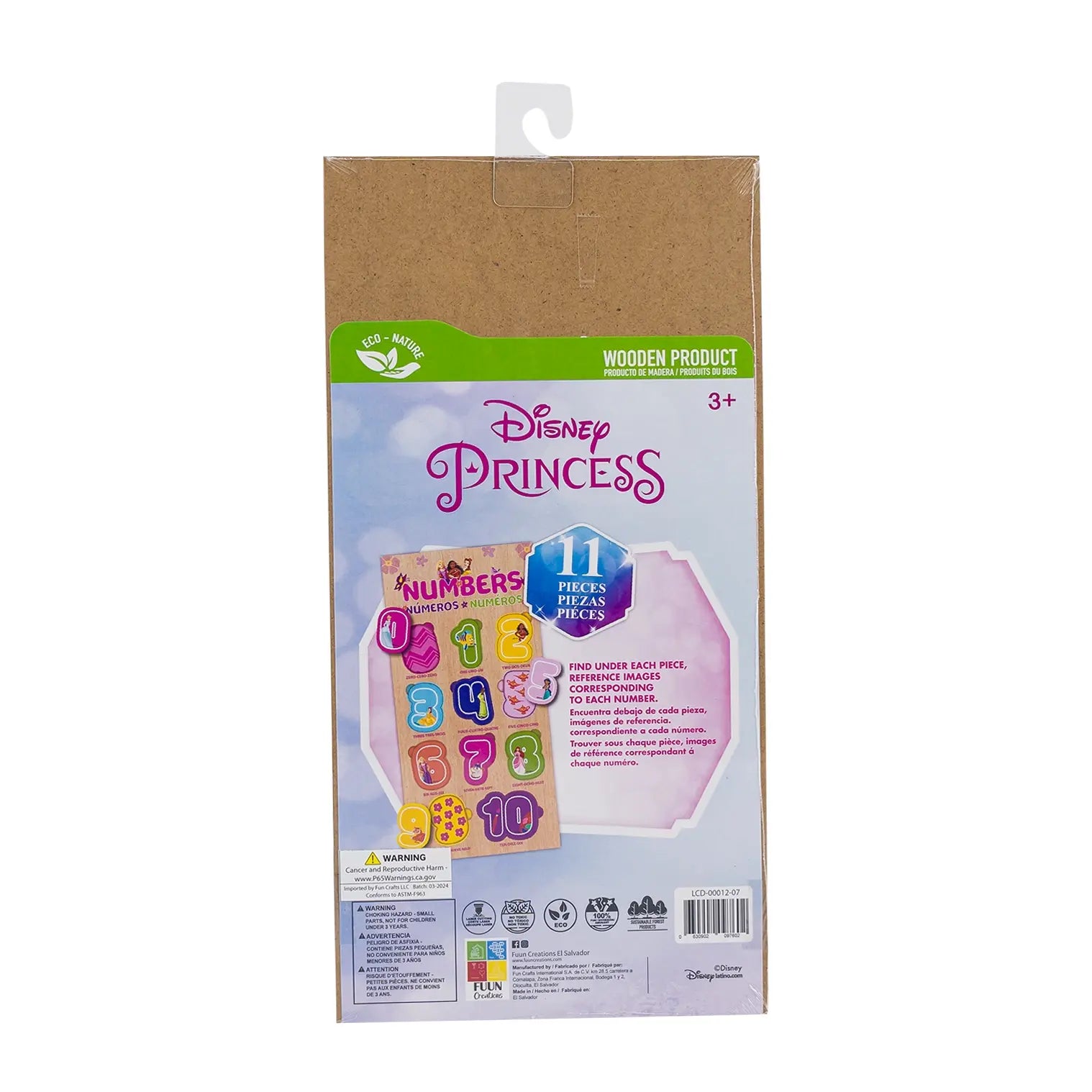Disney Princess Numbers Wooden Learning Board back view, featuring colorful number pieces for preschool learning.