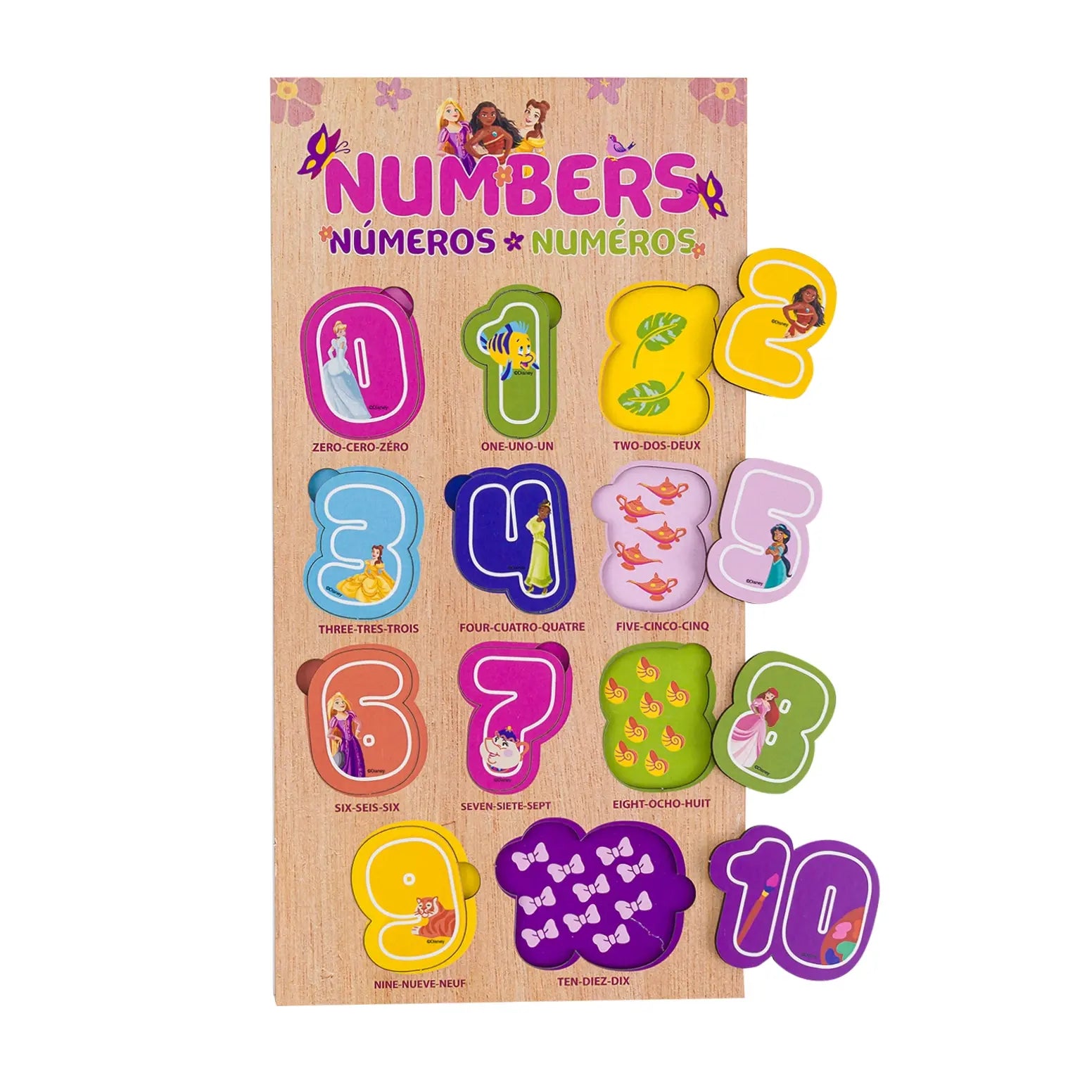 Colorful Disney Princess Numbers Wooden Learning Board for kids, featuring number recognition and counting play.