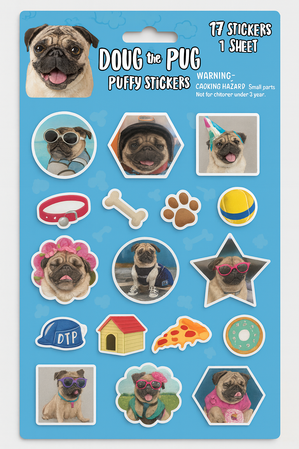 Doug the Pug Puffy Sticker Sheet – 17 Raised Puffy Stickers