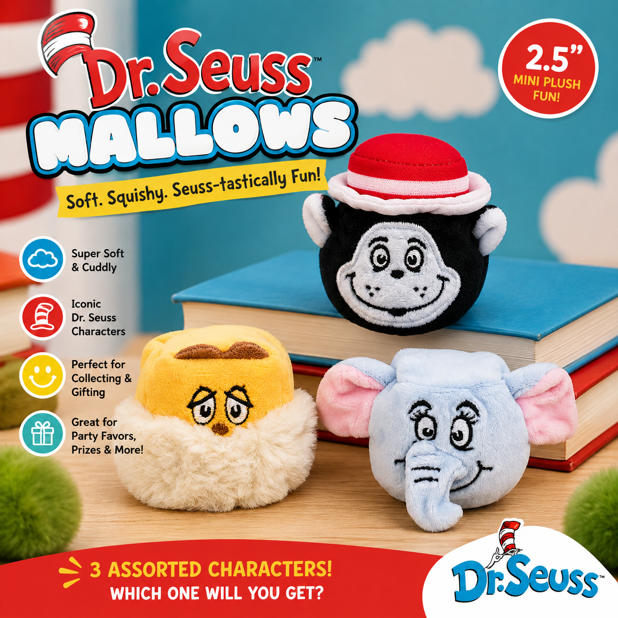 Dr. Seuss Mallows mini plush fun set featuring three character plushies: a black and white Cat in the Hat, a yellow and beige Beavis, and a light blue and pink Elephant.