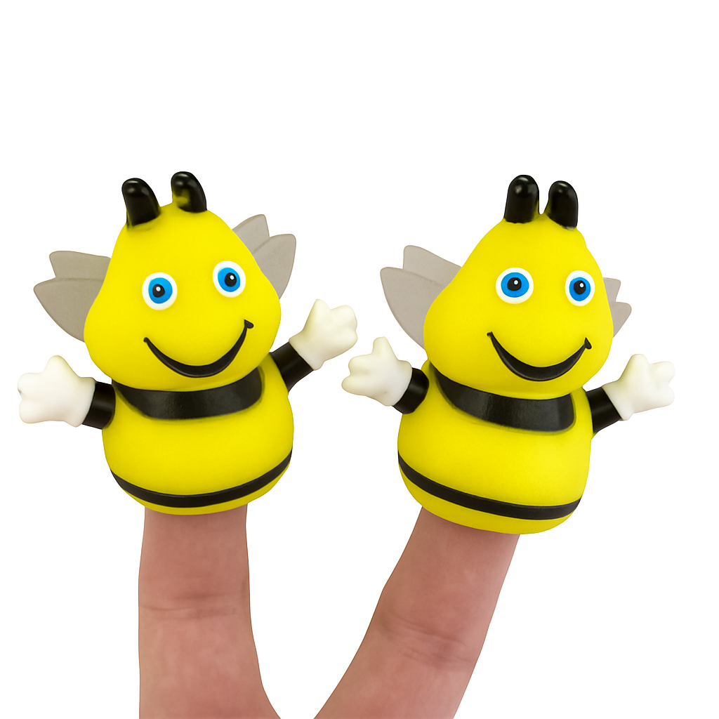 Two Mini Vinyl Busy Bee Finger Puppets with smiling faces and wings shown on fingers