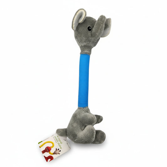 Plush elephant toy with a blue handle on a white background