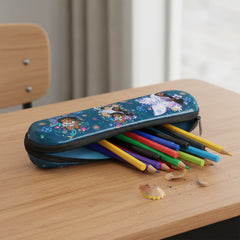 Encanto pencil case unzipped with pencils and markers sticking out