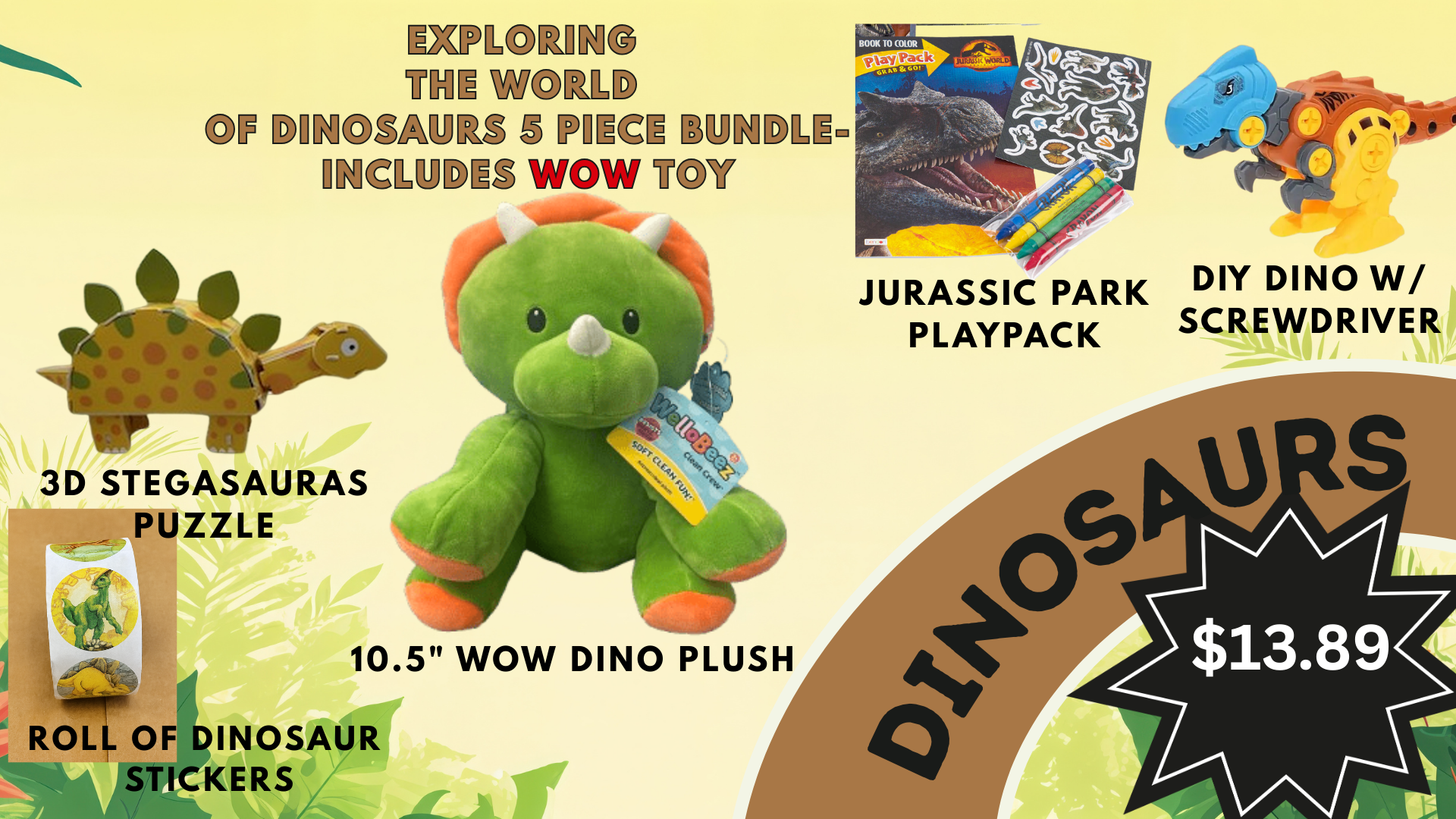 Promotional image of dinosaur-themed products including a plush toy, playpack, and puzzle on a beige background.