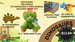 Promotional image of dinosaur-themed products including a plush toy, playpack, and puzzle on a beige background.