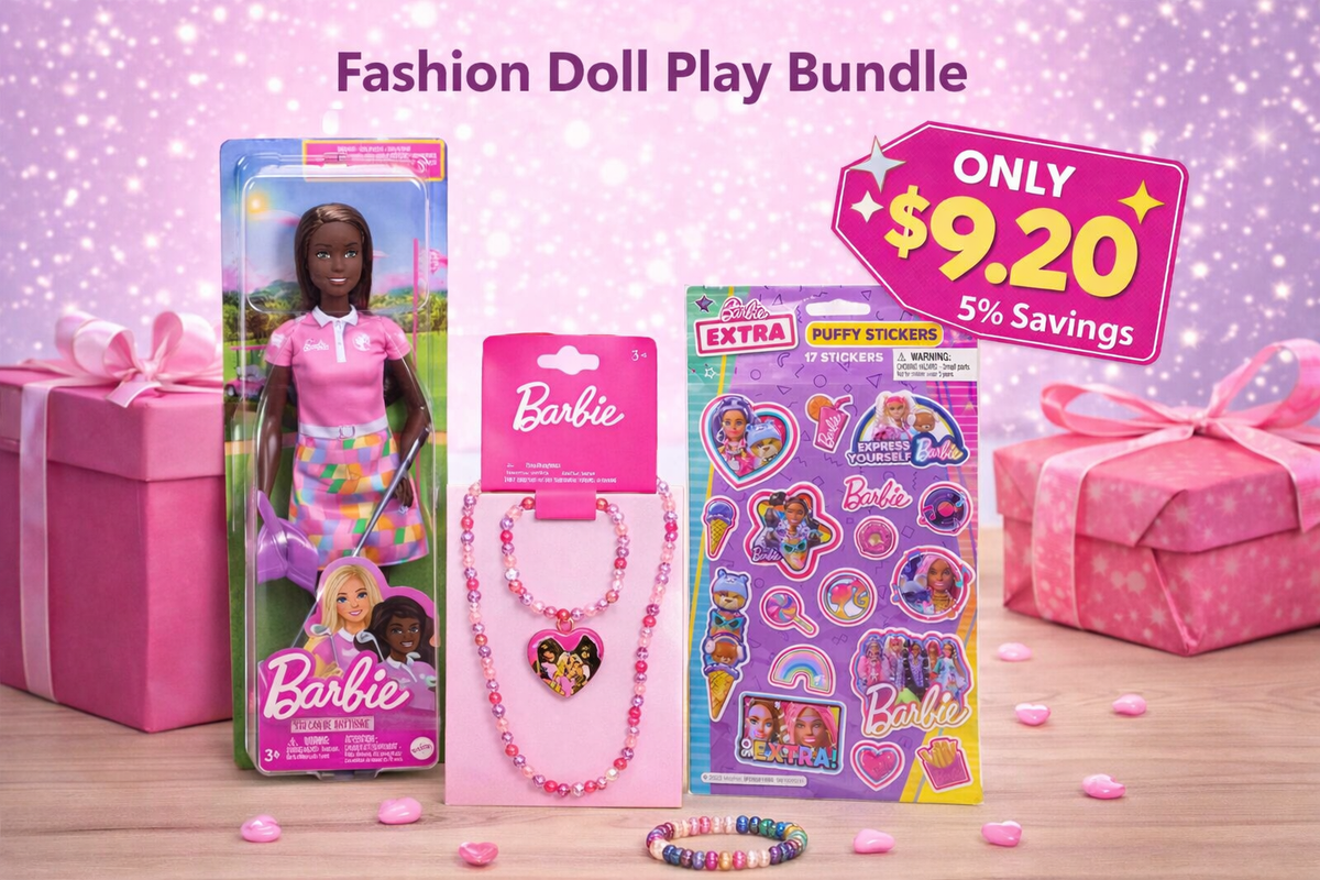 Fashion Doll Play & Sparkle Bundle (Barbie Brand Doll + Jewelry + Puffy Stickers) – Save 5%