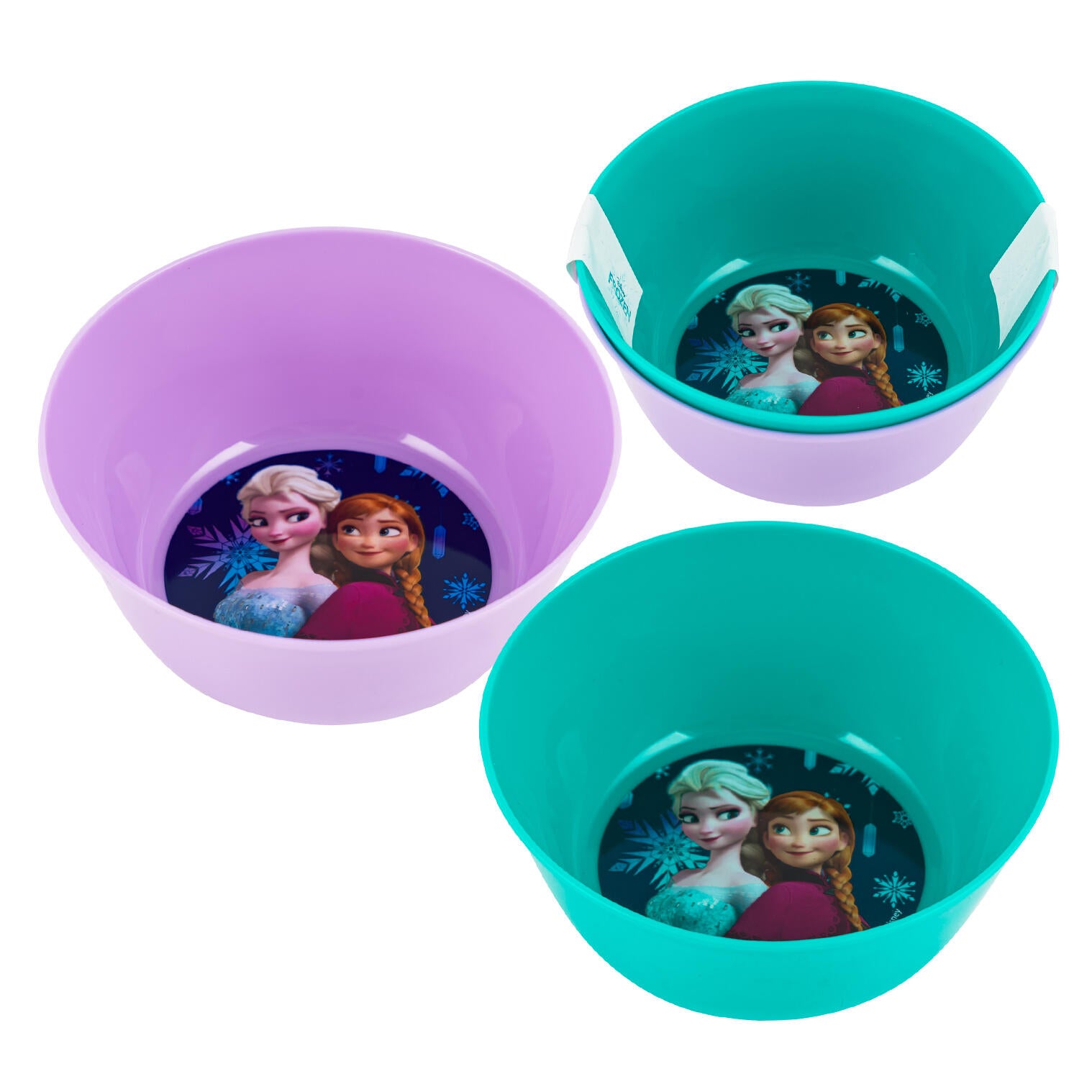 Disney Frozen kids bowls featuring Elsa and Anna, 5-inch durable bowls in purple and turquoise, perfect for snacks.