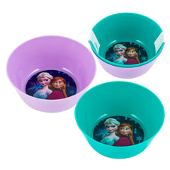 Disney Frozen kids bowls featuring Elsa and Anna, 5-inch durable bowls in purple and turquoise, perfect for snacks.