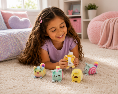 A young girl with long brown hair lies on a beige carpet in a pink-themed bedroom, smiling and holding a yellow plush toy. Four colorful plush toys are arranged around her on the floor.