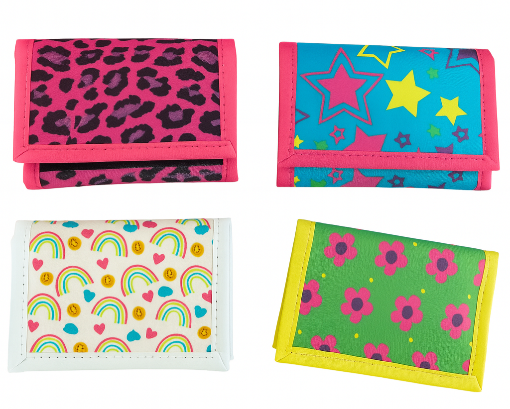 Four colorful wallets with different patterns on a white background