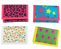 Four colorful wallets with different patterns on a white background