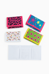 Set of colorful wallets with different patterns on a white background