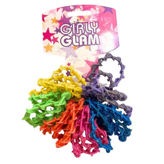 Colorful hair ties on a 'Girly Glam' branded card against a white background