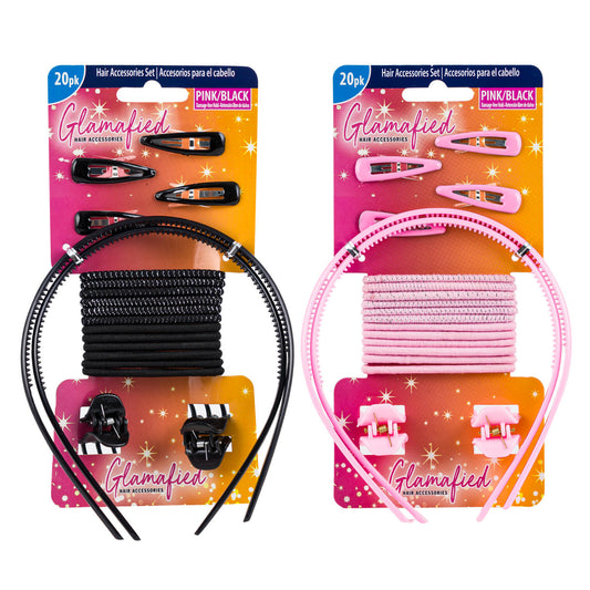 Glamafied hair accessories set with black and pink hair ties and clips on colorful packaging.