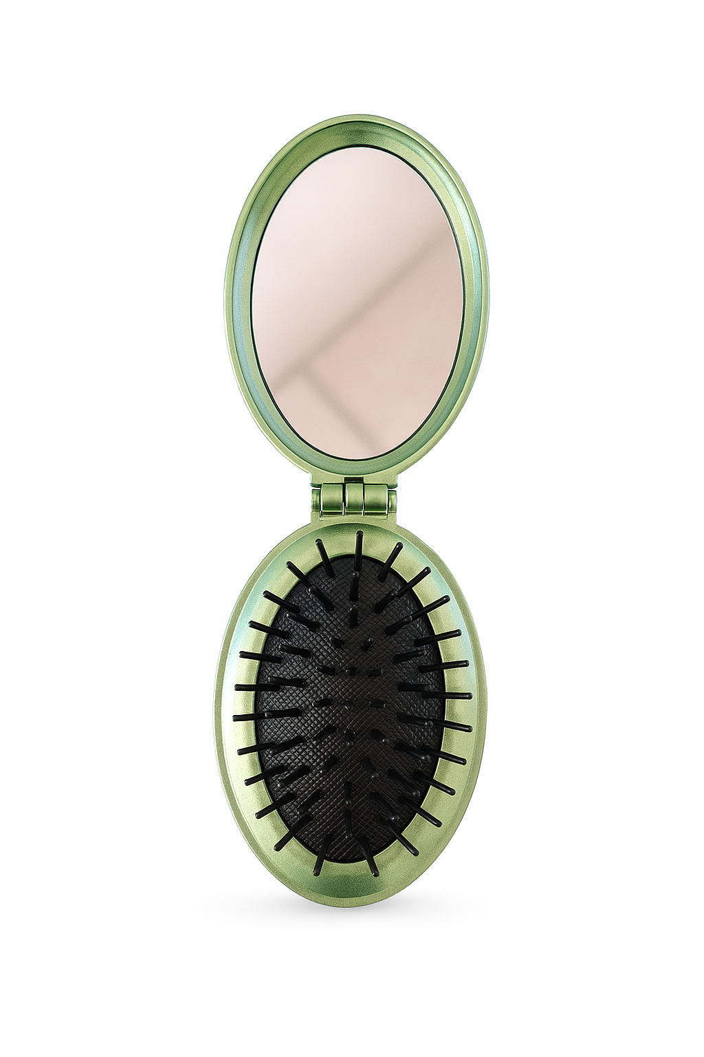 Green handheld mirror with a brush on a white background