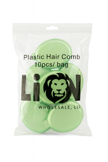 Packaging of green plastic hair combs with Lion Wholesale, LLC branding.