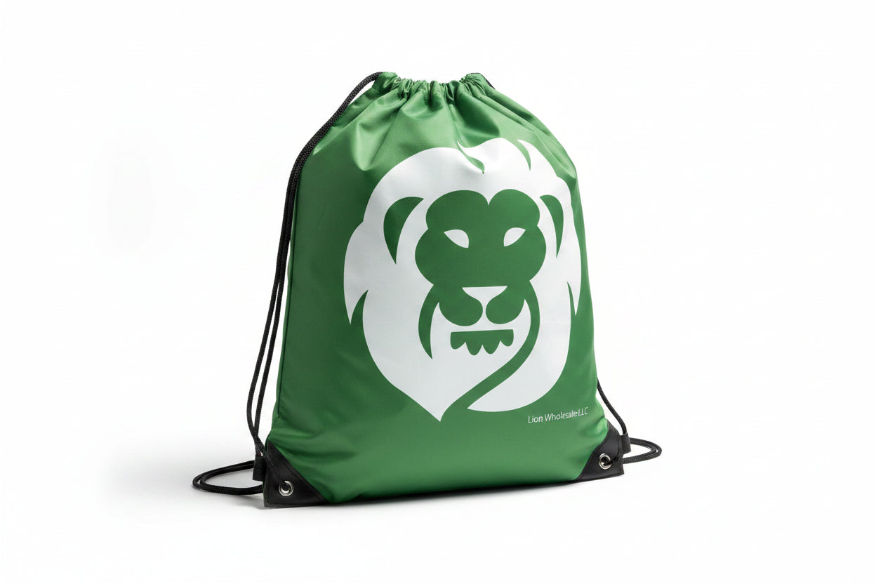 Green drawstring bag with a white lion logo on a light gray background