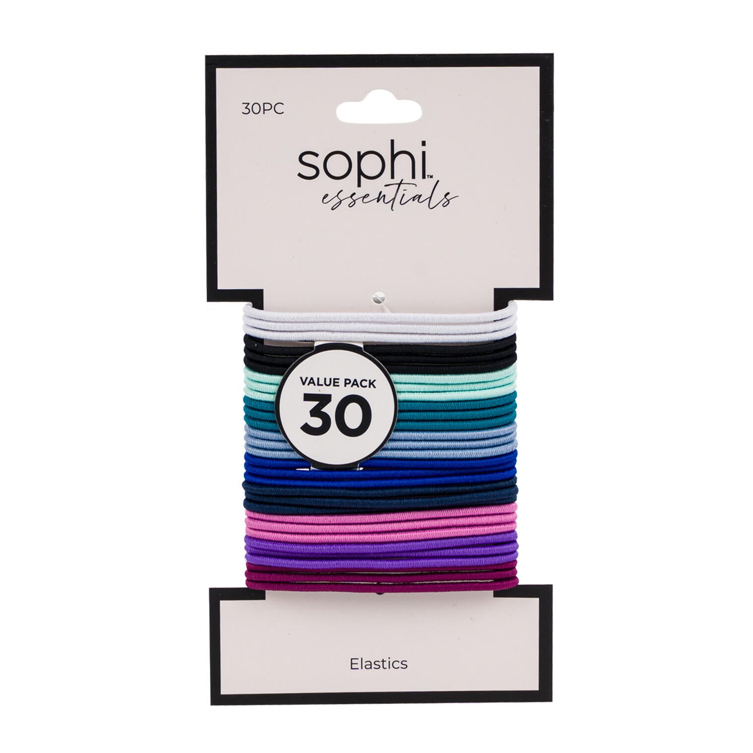 Sophi Essentials 30-piece snag-free elastic hair ties set in assorted colors for secure styling.