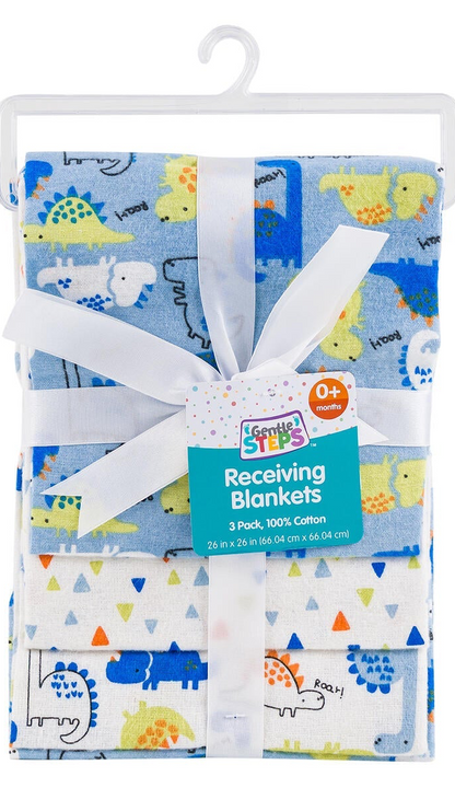 Gentle Steps Receiving Blankets 3-Pack – 26x26" 100% Cotton, Assorted Colors