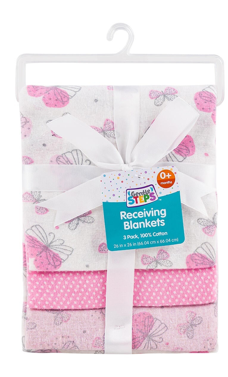 Gentle Steps Receiving Blankets 3-Pack – 26x26" 100% Cotton, Assorted Colors