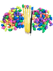 Colorful pencil tips and pencils on a brown surface