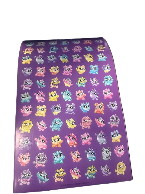 Sheet of colorful stickers on a purple backing with a white background