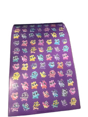 Sheet of colorful stickers on a purple backing with a white background