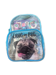 Clear pouch with a pug design on a white surface