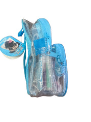 Clear plastic bag with blue strap on a white backgroun