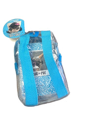 Clear plastic bag with blue strap on a white background