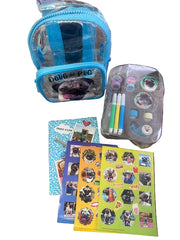 Clear pouch with stationery items and colorful sticker book on a white background