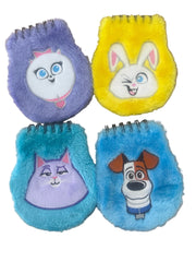 Four colorful animal-themed hairbrushes on a white background