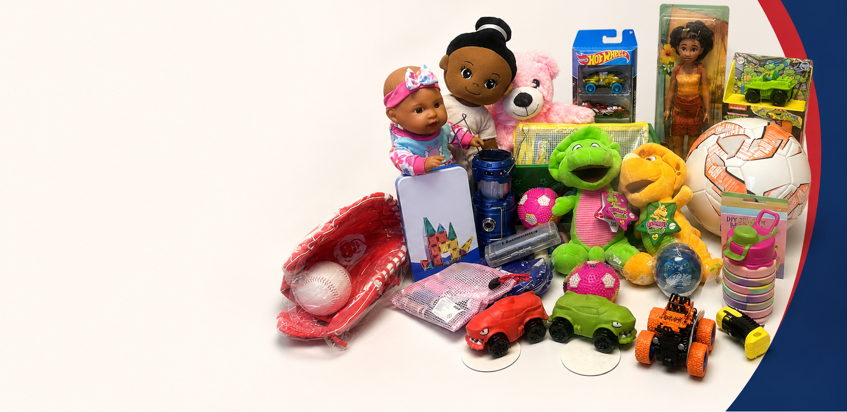A collection of colorful children's toys and accessories arranged together on a plain white background, including dolls, plush toys, toy cars, a green frog figure, a pink shell-shaped toy, packaged figures, and other small play items.